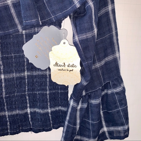 Altar’d State Linen Blue & White Plaid Top W/Bell Sleeves - Picture 4 of 7